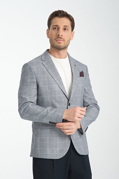 Frappoli Mendey Чоловічий темно-синій картатий блейзер зі смужками, що імітує льон, slim fit