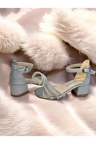 ALPELLİ ByAlp Girl's 3-Stripes Stone Silver Glitter Heeled Evening Dress Shoes
