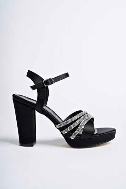 meyra'nın ayakkabıları Women's 3-Stone Black Leather Platform Heeled Shoes