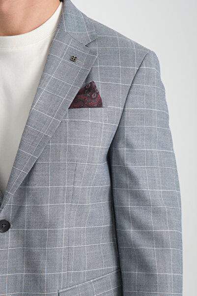 Frappoli Mendey Чоловічий темно-синій картатий блейзер зі смужками, що імітує льон, slim fit