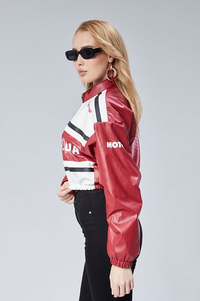 CHOS7N Women's Leather Printed Jacket - Rubber Waist, Sleeves and Prevailing Collar Bomber Coat