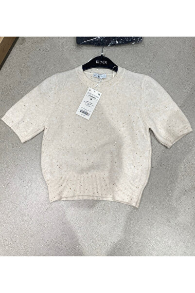 Dilvin طاقم الرقبة الترتر بريق التريكو 10703 البلوز كريم