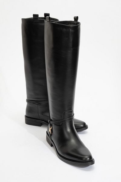 LuviShoes Γυναικείες μπότες ιππασίας MAY Black Skin από γνήσιο δέρμα με χρυσή πόρπη