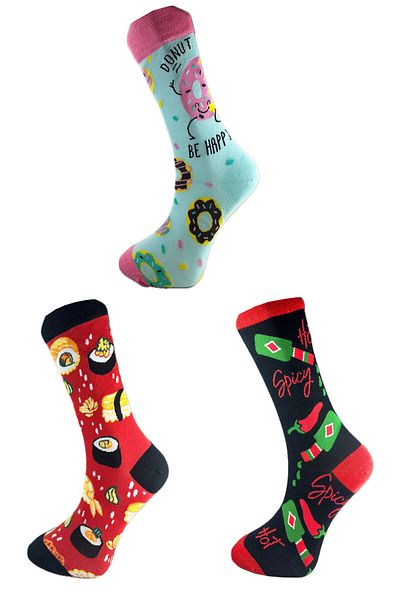 SİHİRLİ AYAKLAR 3 Pairs Men's Food Pattern Socks Colorful Socks Gift Cotton Washed Socks