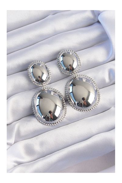 TREND Brass Silver Color Large Curved Embroidered Earrings
