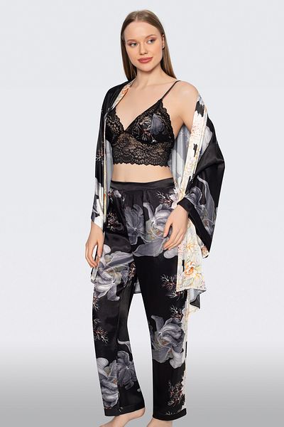 JENİKA Set de pijamale din 3 piese cu model de flori din satin cu bustieră neagră