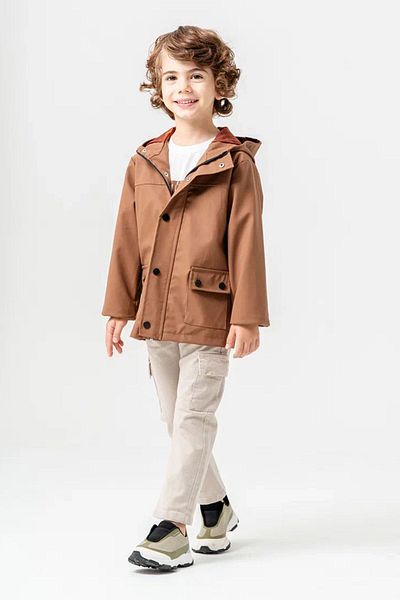 Minigimin Cicileri Boy's Hooded 3-Piece Set with Pockets and Leather Coat - Brown
