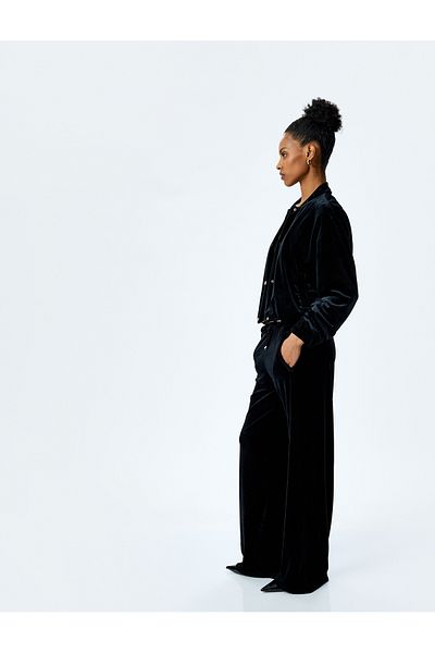 Koton Wide Leg Velvet Trousers with Tie Waist Pockets