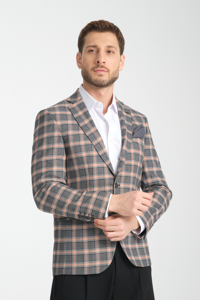 Frappoli Giraldo Чоловічий чорний - гірчичний картатий Slim Fit моно комір спортивний блейзер