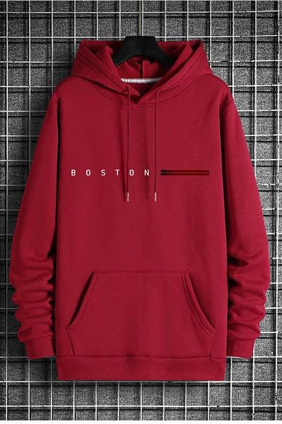 NO 601 Мъжки червен суитшърт с качулка и щампа Boston
