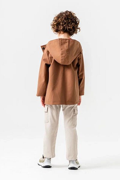 Minigimin Cicileri Boy's Hooded 3-Piece Set with Pockets and Leather Coat - Brown