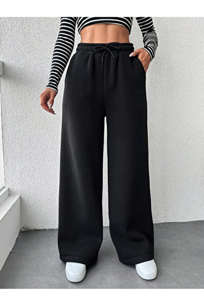 yx yustex sport Bol Paça Kadın Siyah Günlük, Çok Yönlü Cepli Eşofman Altı, Makinede Yıkanabilir