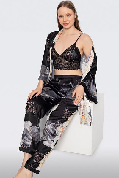 JENİKA Set de pijamale din 3 piese cu model de flori din satin cu bustieră neagră