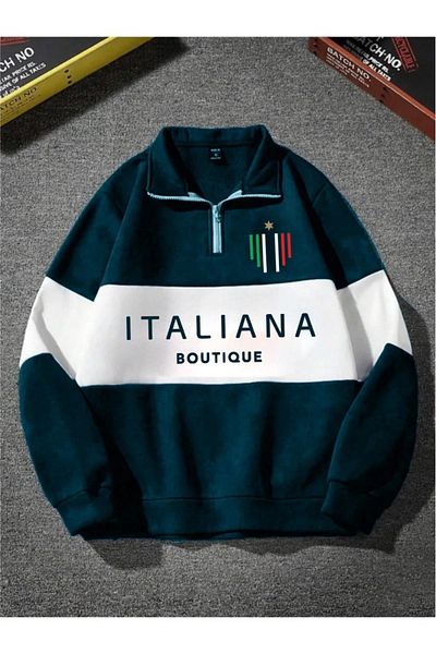 Altamira Unisex Petrol Blue Boutique Printed Oversize Piece Polo Neck Zippered Sweatshirt