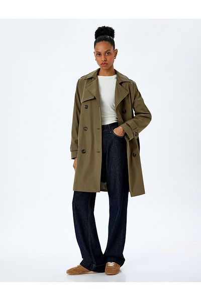 Koton Gabardine Fabric Double Breasted Trench Coat with Comfortable Fit Pockets and Belt