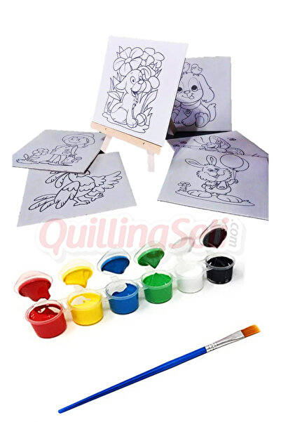 quilling Şövale Tuval Boyama Seti, 5ml 6lı Akrilik Boya ve 6 Farklı Resim Bas...