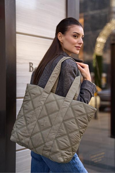 Madamra Khaki Women's Quilted Pattern Puff Bag