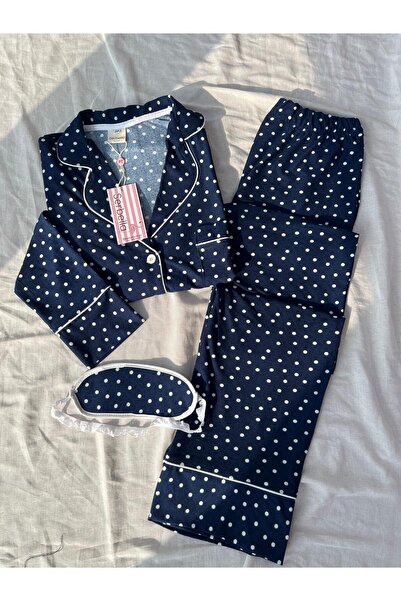 Serbella Navy Blue Polka Dot Patterned Knitted Flannel Pajamas Set