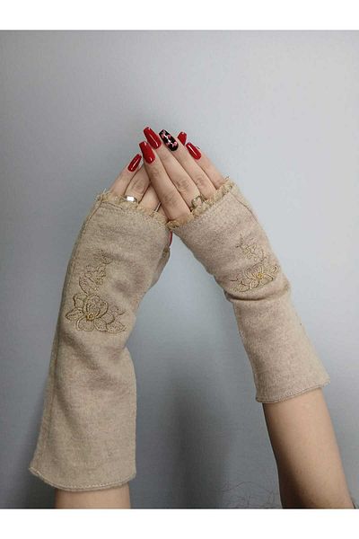 Gönülden Tasarım Cream Color Embroidery Embroidery Cashmere Women's Long Fingerless Gloves