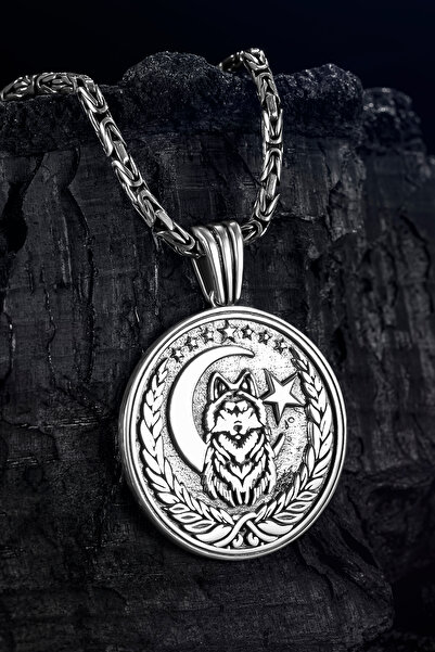 OSMANLI GÜMÜŞ Erkek Gümüş Kolye - Bozkurt Ay Yıldız İşlemeli Kral Zincirli Er...