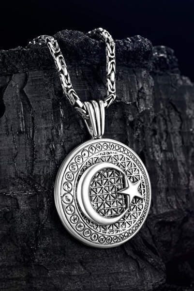 OSMANLI GÜMÜŞ Erkek Gümüş Kolye - Ay Yıldız Motifli Kral Zincirli Erkek Kolye