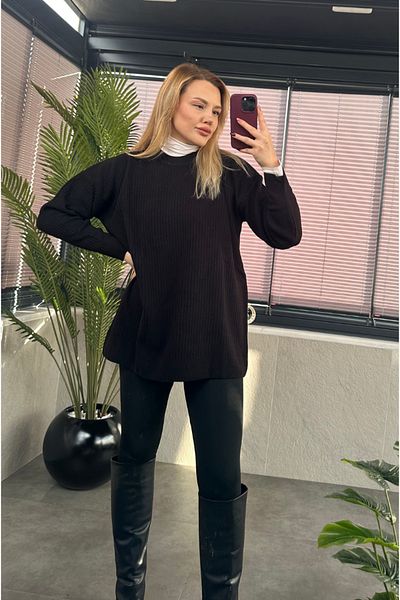 MİR STORE Pulover oversize negru cu nervuri semi-gât