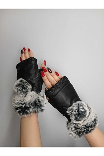 Gönülden Tasarım POBPON KÜRKLÜ SUNİ DERİ PARMAKSIZ KADIN ELDİVEN