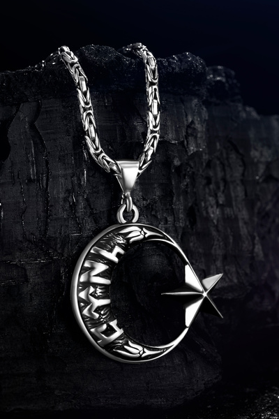 OSMANLI GÜMÜŞ Erkek Gümüş Kolye - Göktürkçe Türk Yazılı Ay Yıldız Motifli Kra...