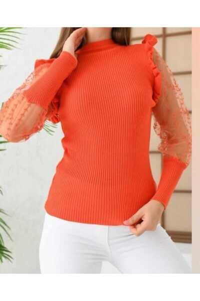 AURA balon kol tül detaylı triko bluz