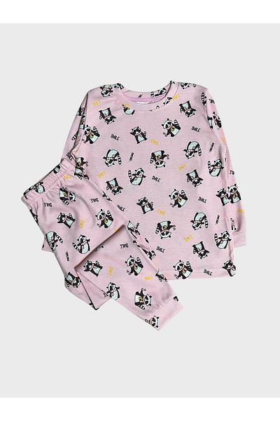 elmas kids Girl's 100% Cotton Pink Raccoon Print Long Sleeve Winter Pajamas Set