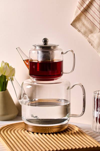 Perotti Elio Indüksiyon Tabanlı Borosilikat Cam Çaydanlık Takımı 500 ml Demlik 1800 ml Suluk