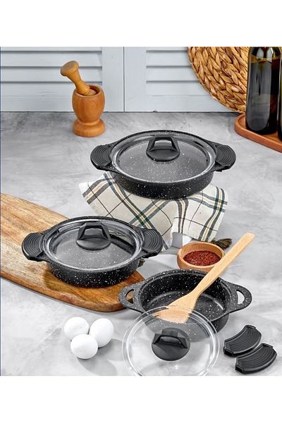 Eda Zk-900 Black Granite 3-Piece Sahan Set with 6 Silicone Handles as a Gift