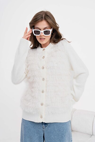 FTZ WOMEN Kadın Püskül Detaylı Hırka Ekru 20916