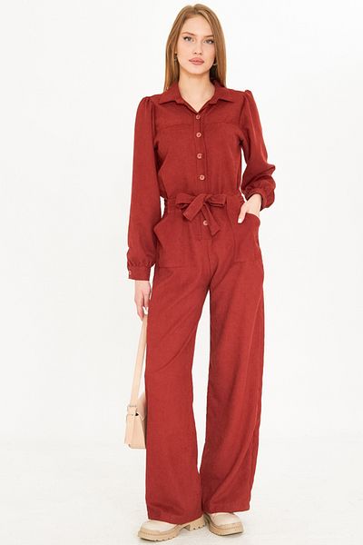 armonika Women's Tile Front Button Pocket Belted Velvet Jumpsuit Arm-25K 001084