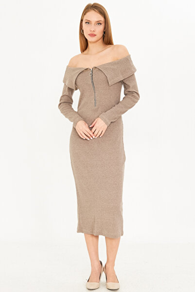 armonika Women's Mink Off Shoulder Front Zip Slit Midi Length Knitwear Dress Arm-25K 001089