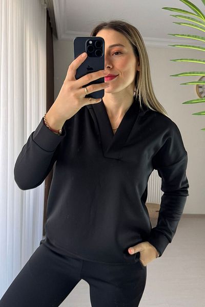 Kubos Moda Polo Neck Hooded Oversize Black Scuba Sweatshirt