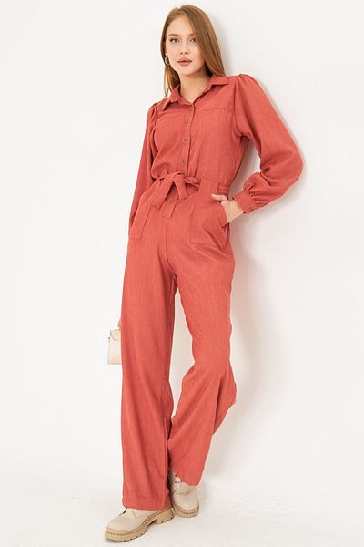 armonika Salmon Velvet Jumpsuit - Front Button, Pocket and Belt Arm-25K 001084