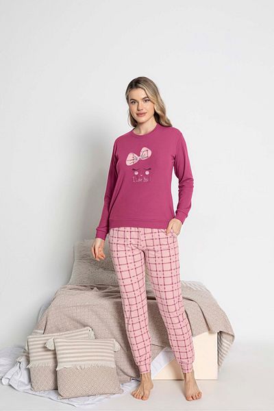GUAVA+ Pink Bottom Patterned Thermal Women's Long Sleeve Pjamas Suit