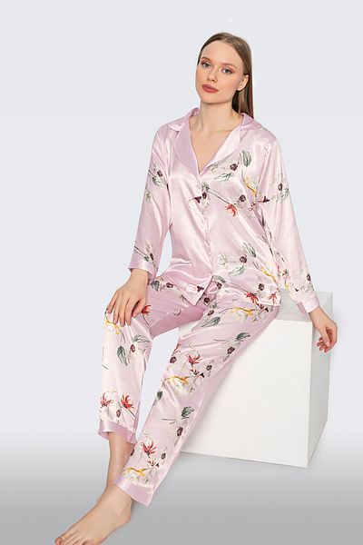 JENİKA Set pijama roz cu mâneci lungi din satin cu model de flori