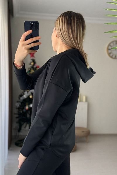 Kubos Moda Polo Neck Hooded Oversize Black Scuba Sweatshirt