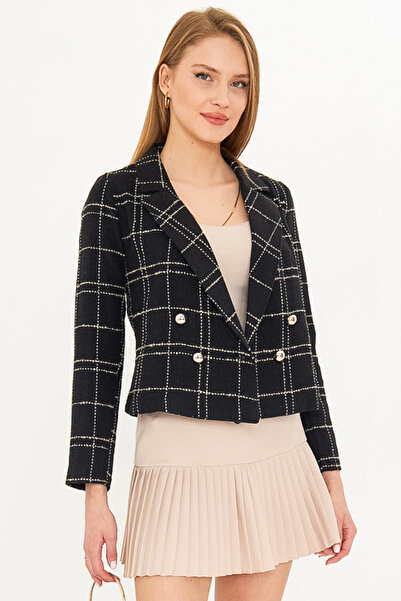 armonika Black-Beige Double Breasted Tweed Crop Women's Jacket - Arm-24K 001014
