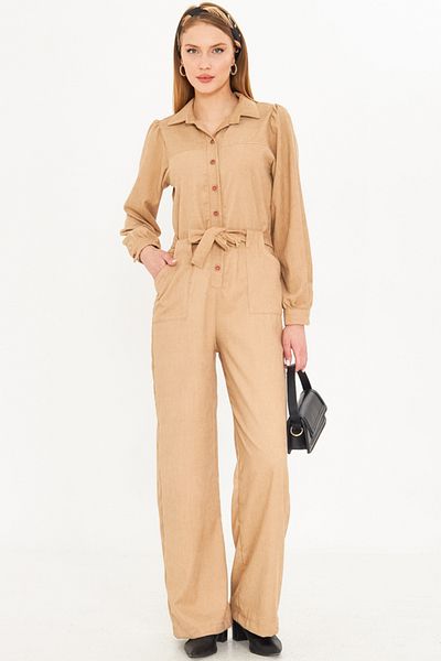 armonika Beige Velvet Jumpsuit - Front Button, Pocket and Belt Arm-25K 001084