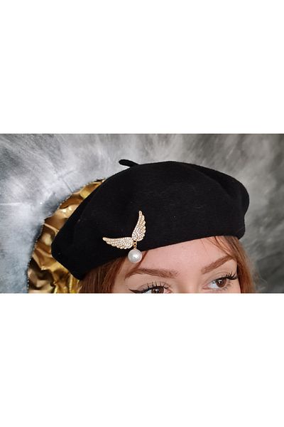 SE Jewellery Black Women's Wing Brooch Detailed Painter Beret Hat