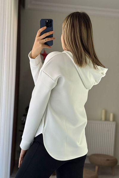 Kubos Moda Polo Neck Hooded Oversize White Scuba Sweatshirt