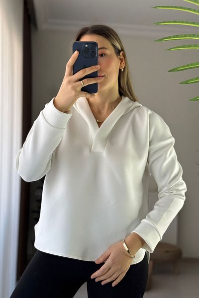 Kubos Moda Polo Neck Hooded Oversize White Scuba Sweatshirt
