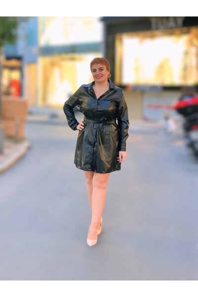 wisteriA Gömlek yaka uzun kol deri elbise