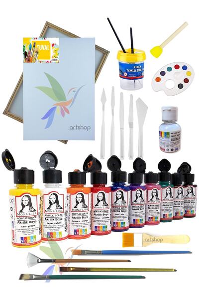 Artshop Südor 10x40 ml Akrilik Boya Başlangıç Seti, 35x50 Tuval, 5 Fırça, Su Kabı, 5 Spatula, Vernik