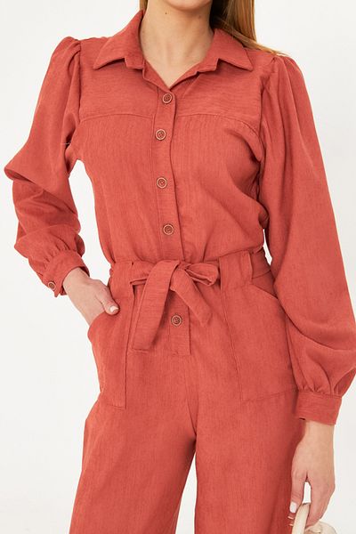 armonika Salmon Velvet Jumpsuit - Front Button, Pocket and Belt Arm-25K 001084