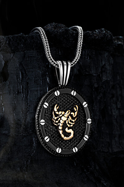 OSMANLI GÜMÜŞ Erkek Gümüş Kolye - Siyah Oval Model Akrep Motifli Erkek Kolye