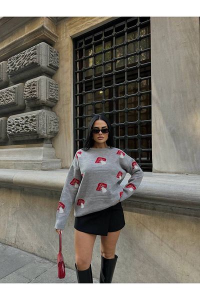 LB Laluna Butik Pulover de damă din tricotaje gri cu model ciuperci